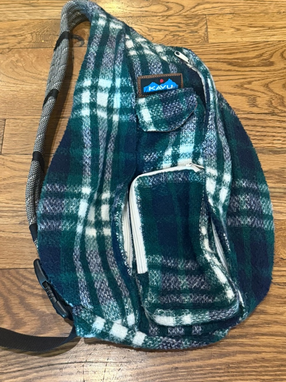 Kavu. Wool-Like Rope Sling Bag. Green/Blue Tartan Plaid.